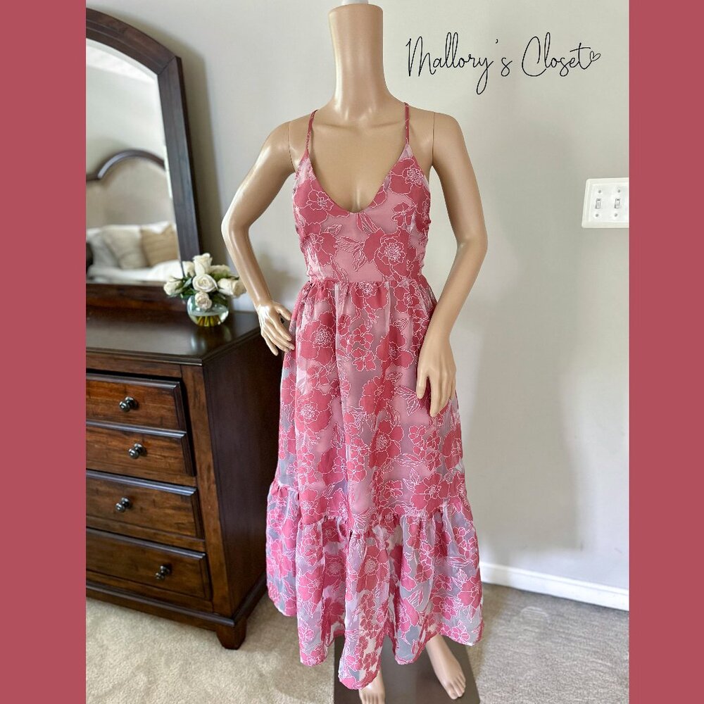 Lulus Jacquard Organza Lace-Up Midi Dress